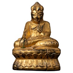 19th century antique wooden Burmese Lotus Buddha statue in Bhumisparsha Mudra
