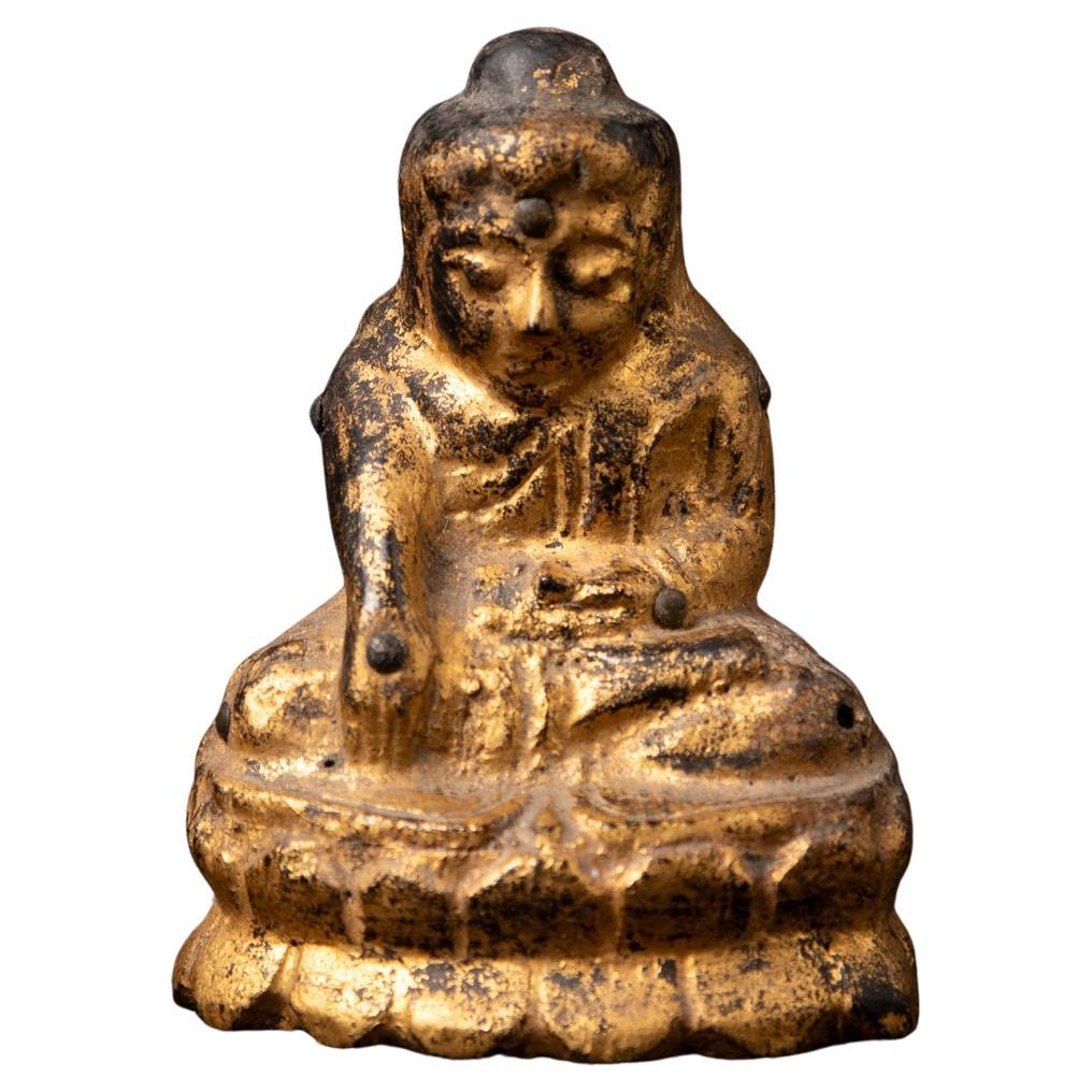 19th century Antique wooden Burmese Lotus Buddha statue in Bhumisparsha Mudra For Sale