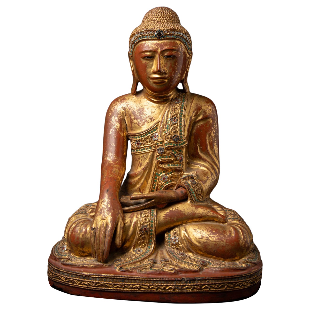 Antike buddhistische Mandalay-Buddha-Statue aus Holz aus Burma, 19. Jahrhundert