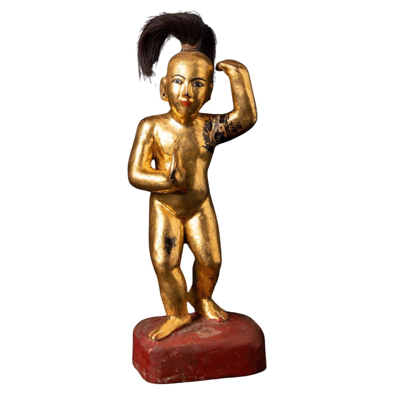 19ème siècle Statue antique en bois de Nat de Birmanie