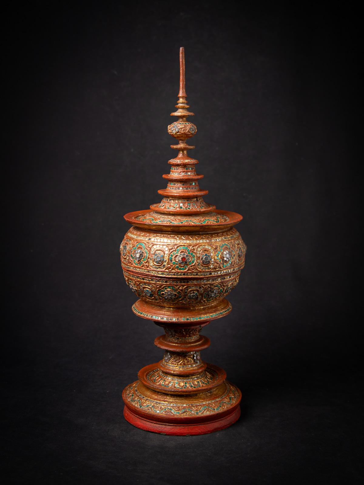 Antique wooden Burmese offering vessel

Material : wood
62 cm high
20,7 cm diameter
Gilded with 24 krt. gold
Mandalay style
19th century
Weight: 2,51 kgs
Originating from Burma (Myanmar)