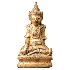 Antico Buddha birmano Shan in legno del XIX secolo con Bhumisparsha Mudra