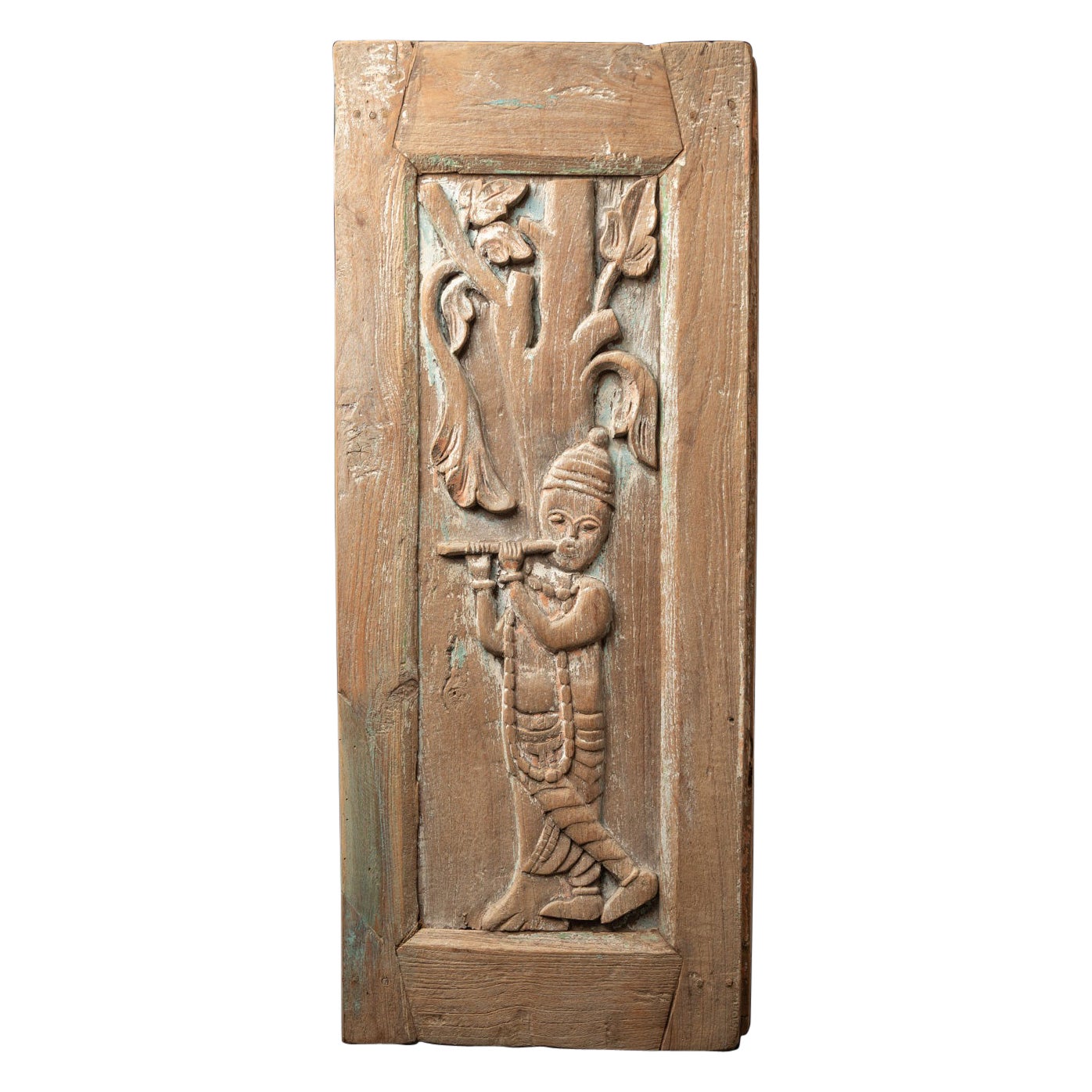 19th century Antique wooden Krishna panel from India For Sale