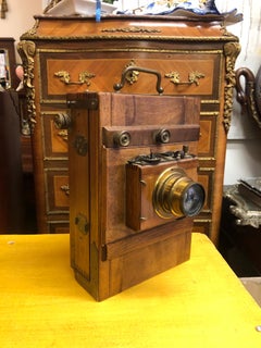 19th Century Antique Wooden Plate Folding Photographic Camera with Hermagis Lens