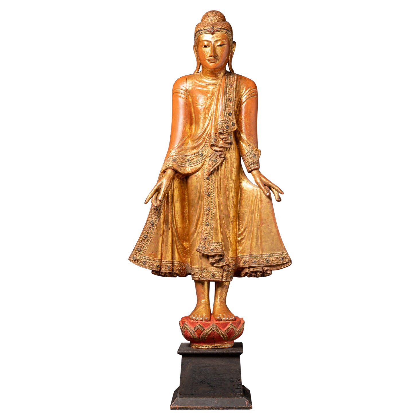 Bouddha de Mandalay antique du XIXe siècle, en bois, provenant de Birmanie