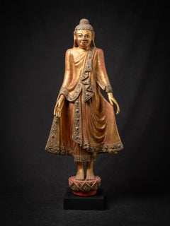 19th century Antique wooden standing Mandalay Buddha statue from Burma