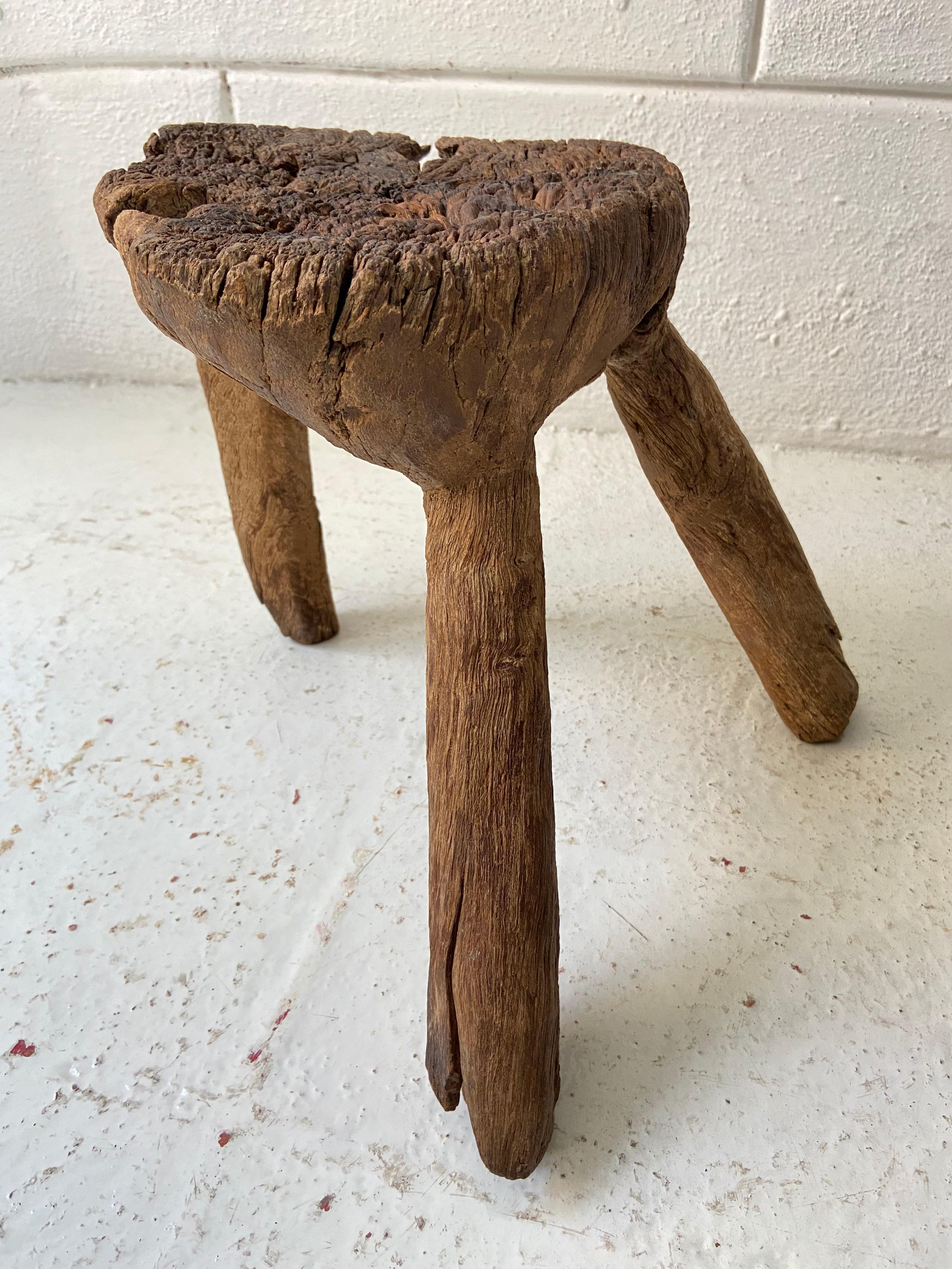 Late 19th century rustic mesquite stool from San Felipe, Guanajuato, Mexico.