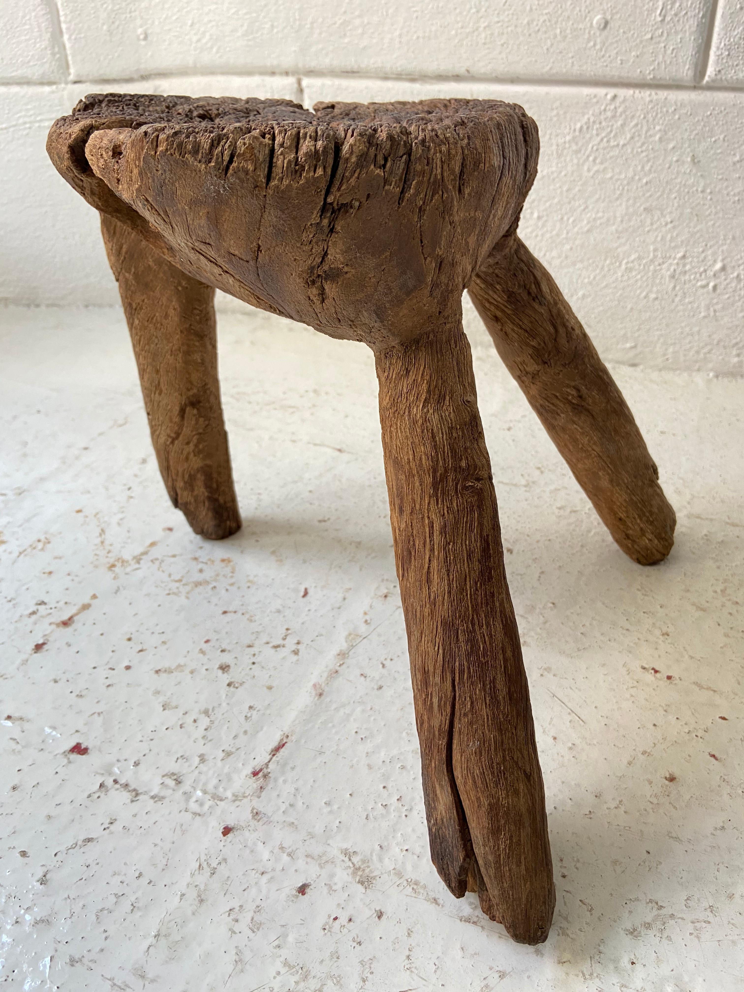 Rustic 19th Century Antique Wooden Stool from Mexico