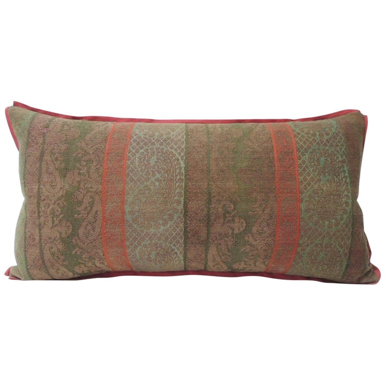 19th Century Antique Woven Red Kashmir Paisley Bolster Decorative Pillow For Sale