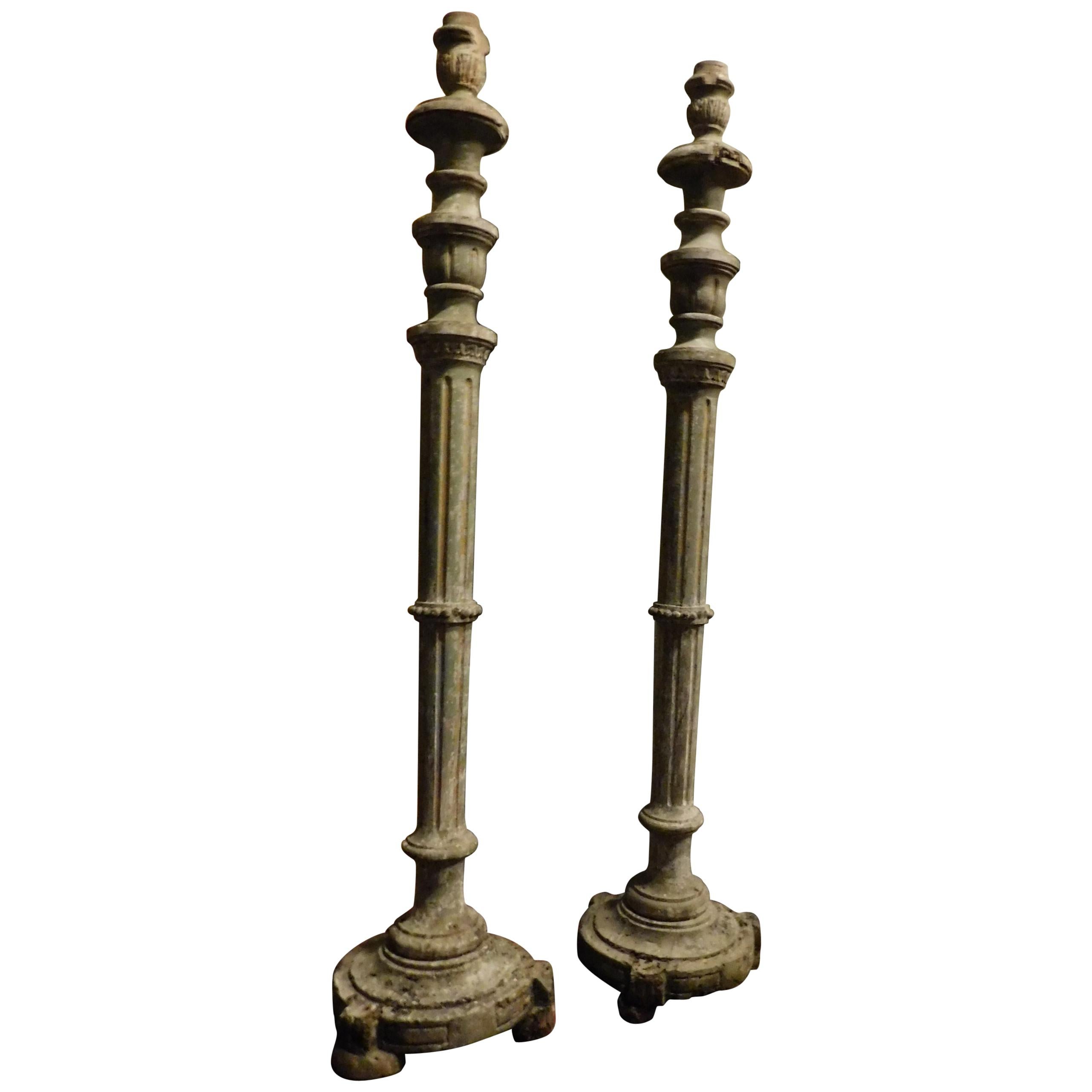 19th Century Antiques Two Lacquered Wooden Candlesticks