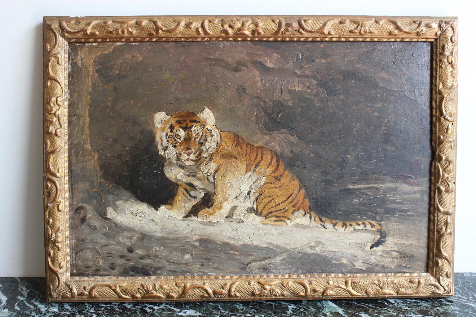 19th century Antoine Louis Barye oil on panel representing a tiger in an old frame.
Dimensions without frame: Width 40cm, height 26cm.
Dimensions with frame: Width 46cm, height 32cm, frame depth 2cm.