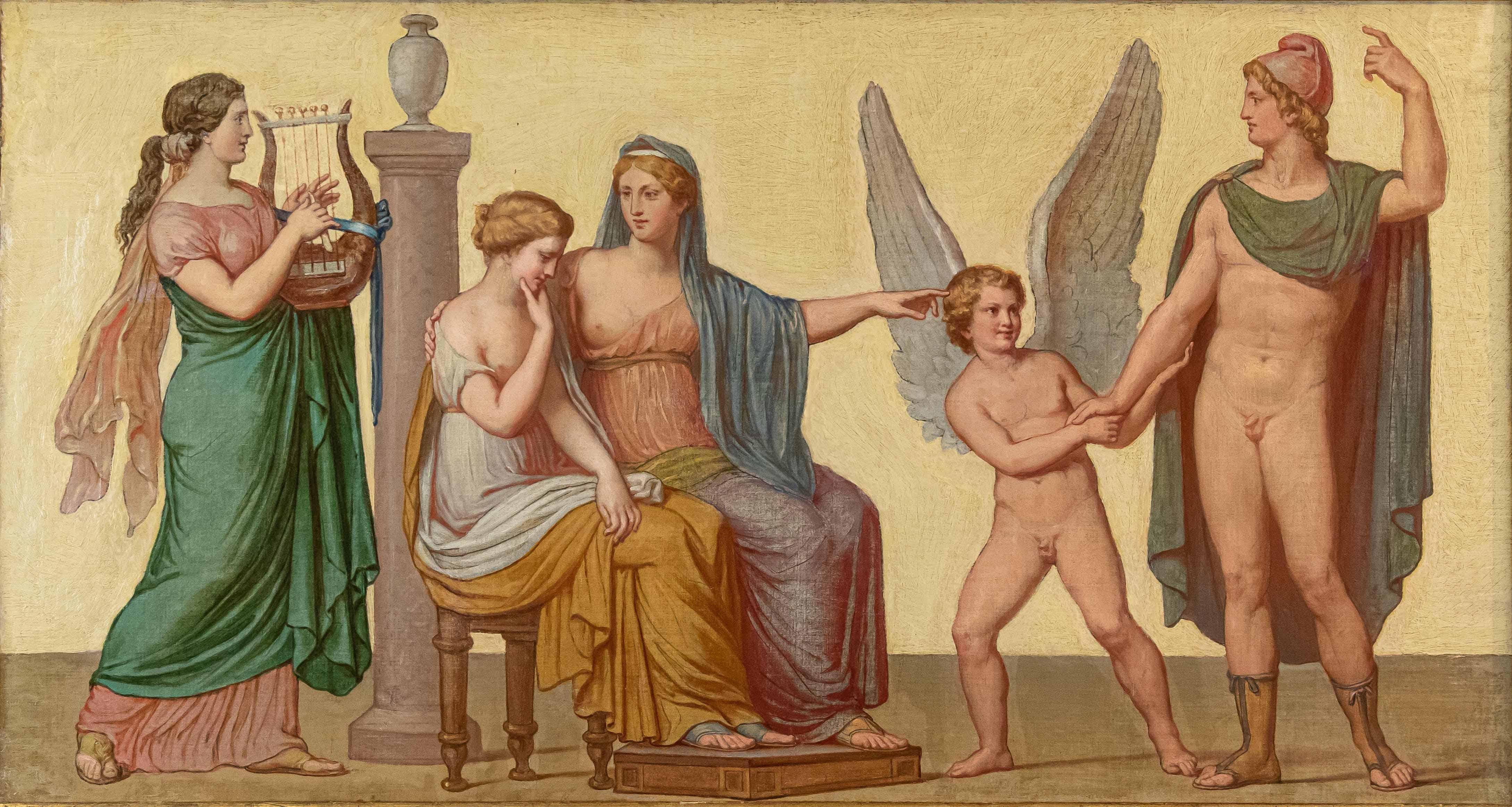 Neoclassical artist, 19th century
Apollo in the company of Cupid and the Muses
Oil on canvas, 57.5 x 104 cm
Signed at the bottom 