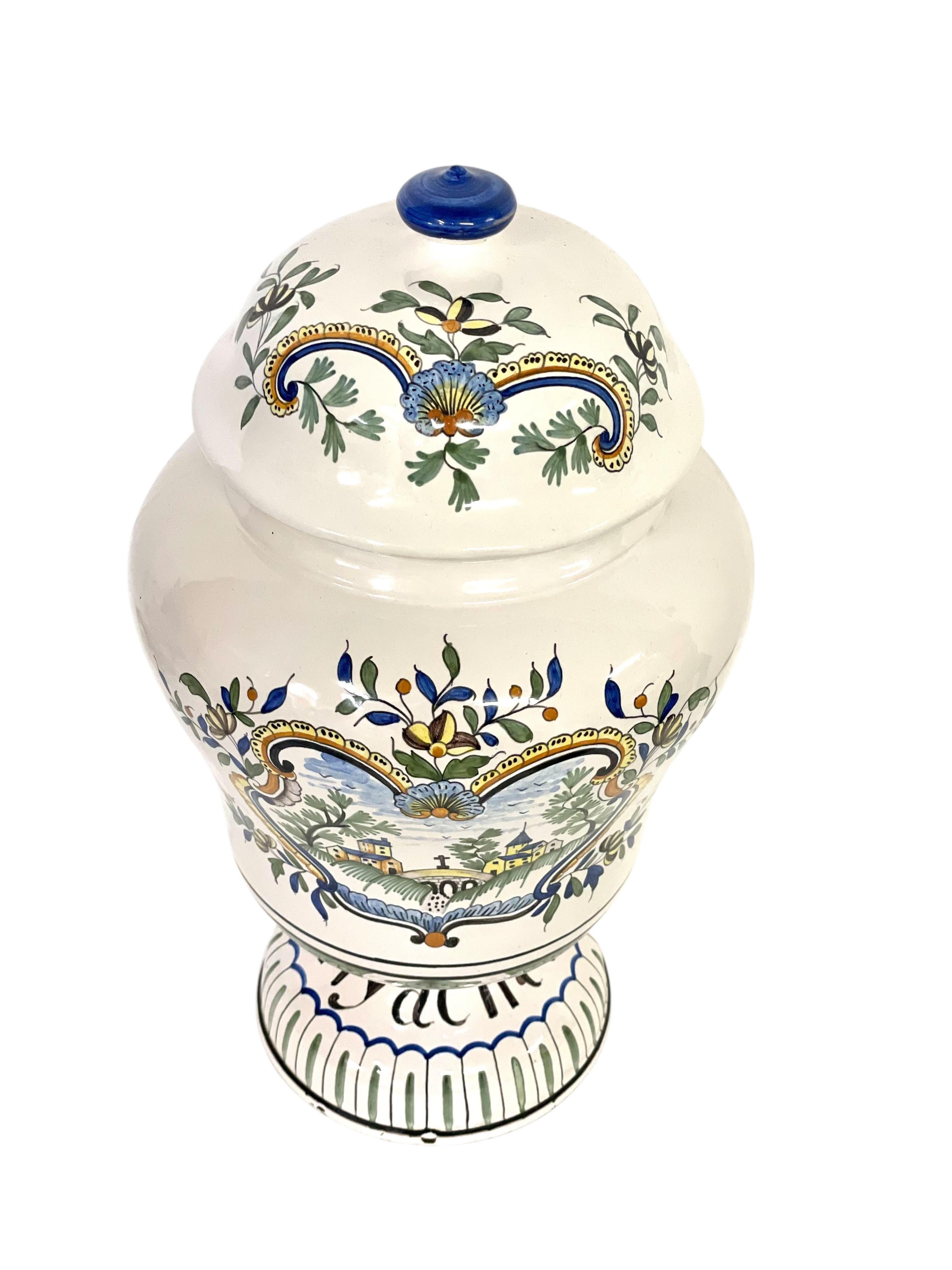 Dipinto a mano Raro vaso da farmacia in ceramica del XIX secolo con coperchio in vendita