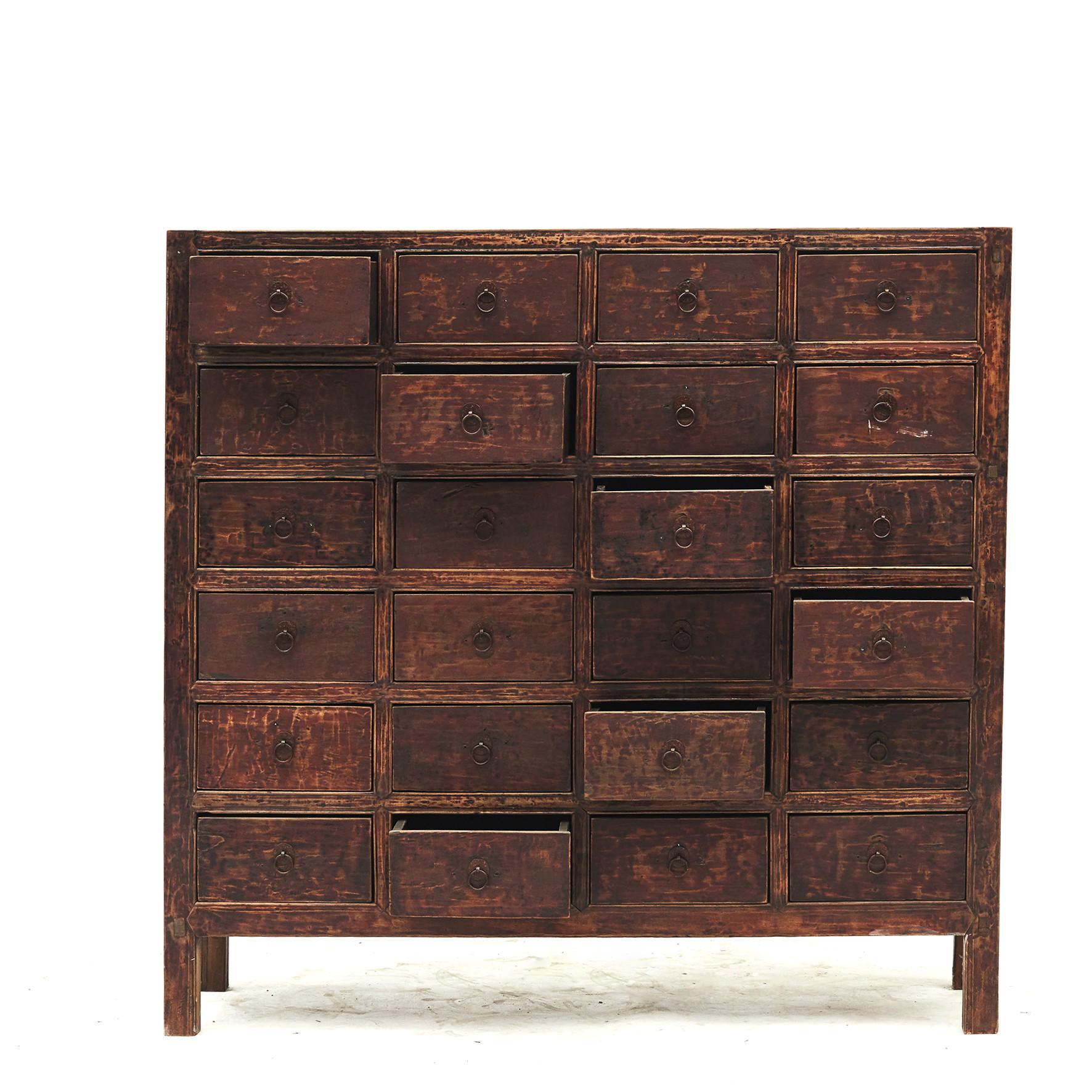 Chinese apothecary / pharmacy medicine chest with 24 drawers.
Linden wood (also called lime tree) and burgundy lacquer front with a natural age-related patina.
From Jiangsu Province, mid-19th century.
Drawer measures inside H 12, L 31, W 26