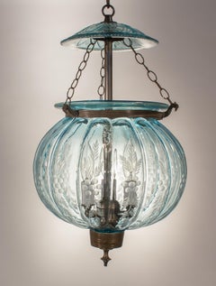 19th Century Aqua Blue Bell Jar Melon or Pumpkin Lantern