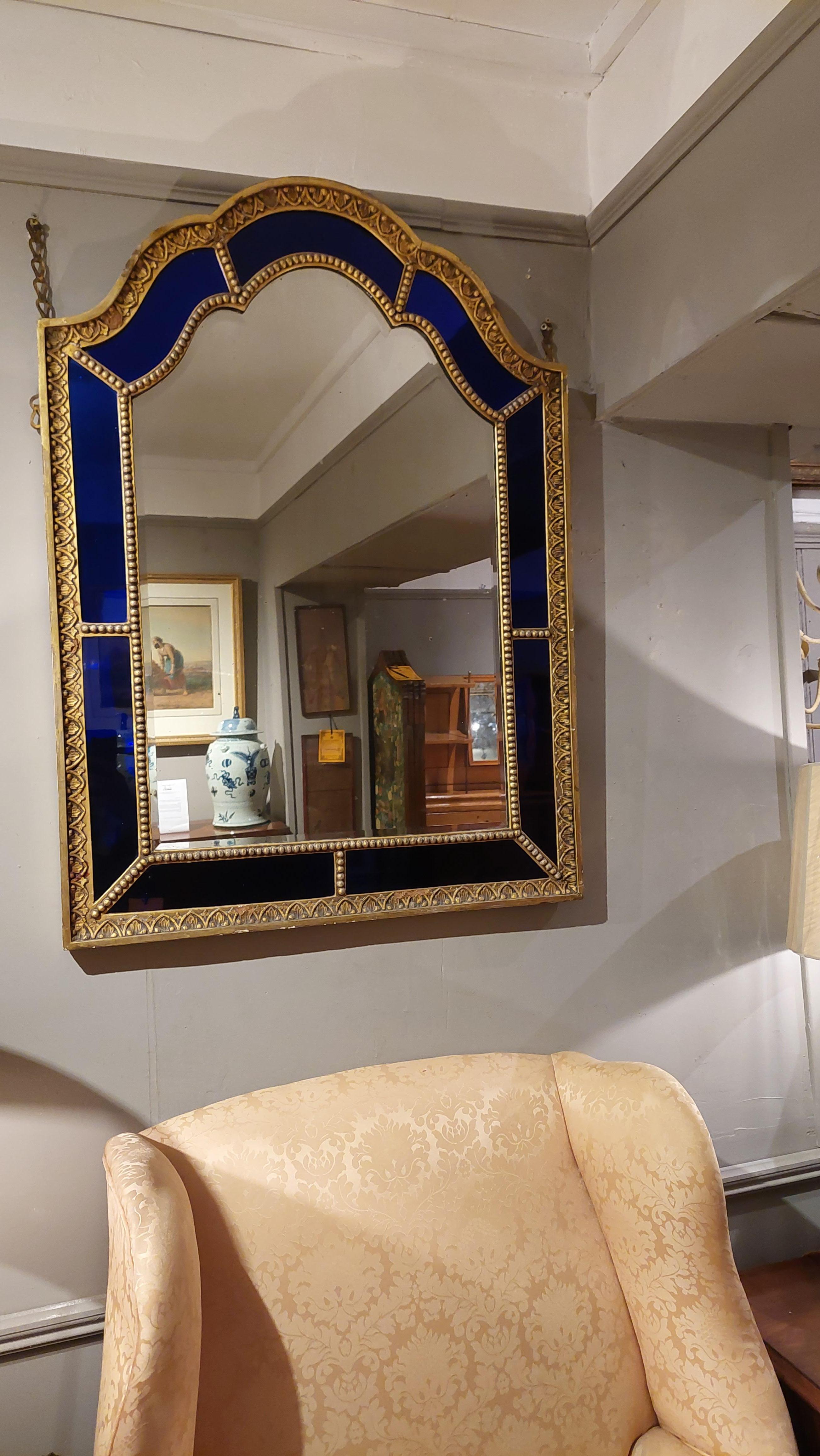 Neoclassical 19th Century Arched Blue Glass Gilt-Composition Mirror For Sale