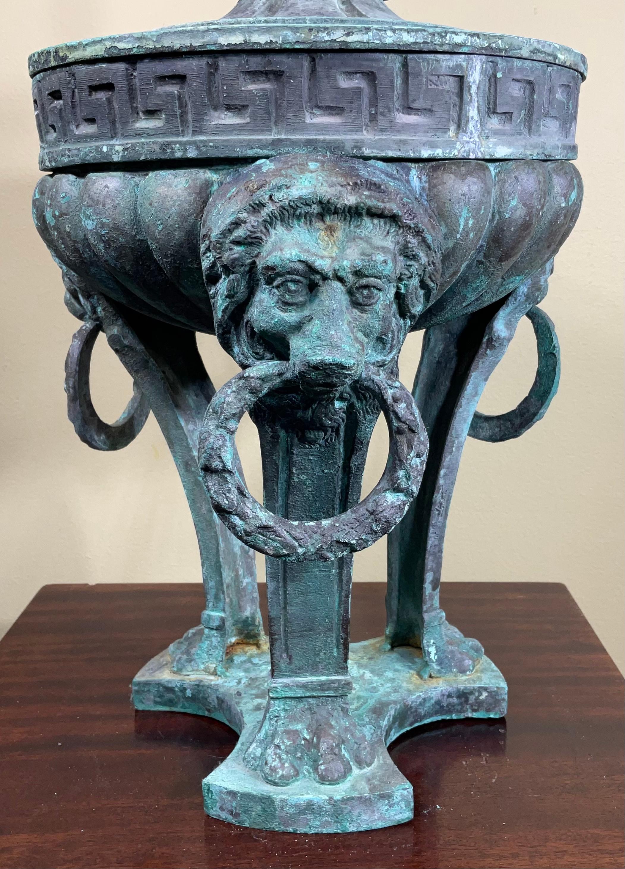 Exceptional antique French bronze architectural element used as decorative object of art. Beautiful oxidized green-turquoise patina, lion heads vines and Greek key motif. one of a kind object of art for display.