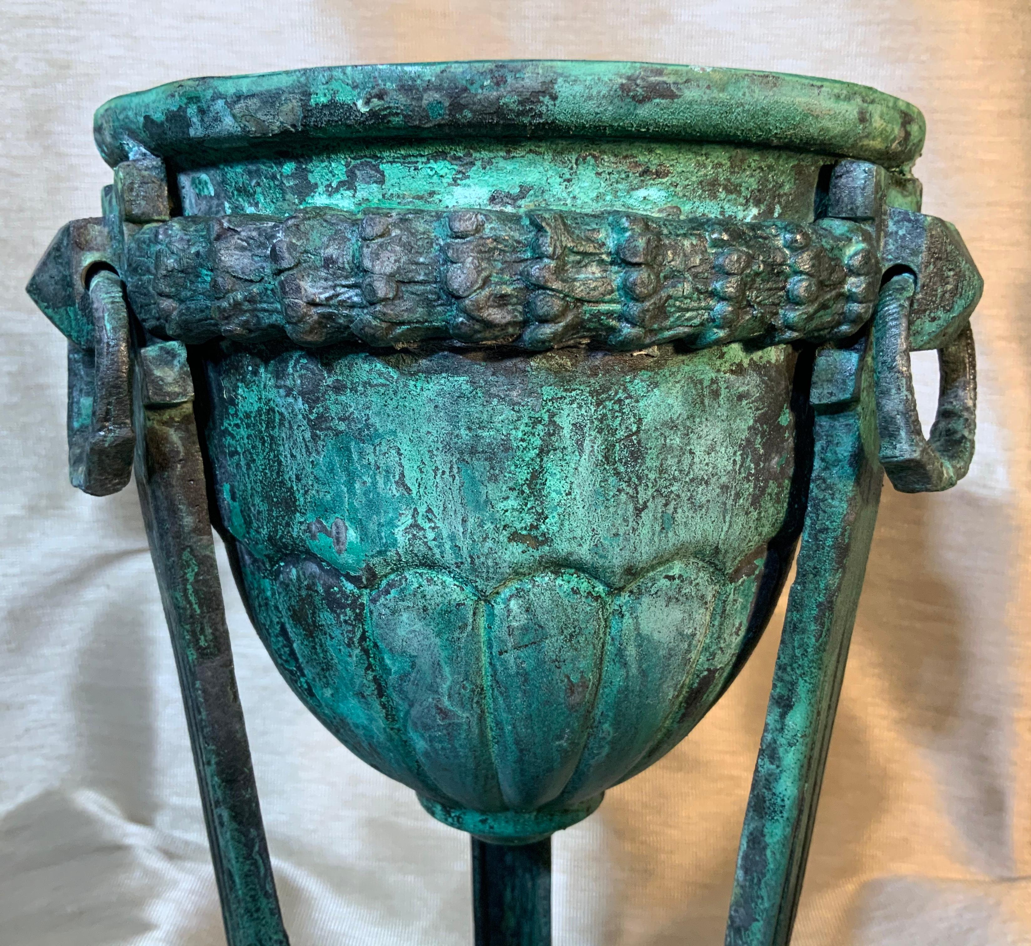 Exceptional antique French bronze architectural element used as decorative object of art. Beautiful oxidized green-turquoise patina, lion heads vine and Greek key motifs, one of a kind object of art for display.