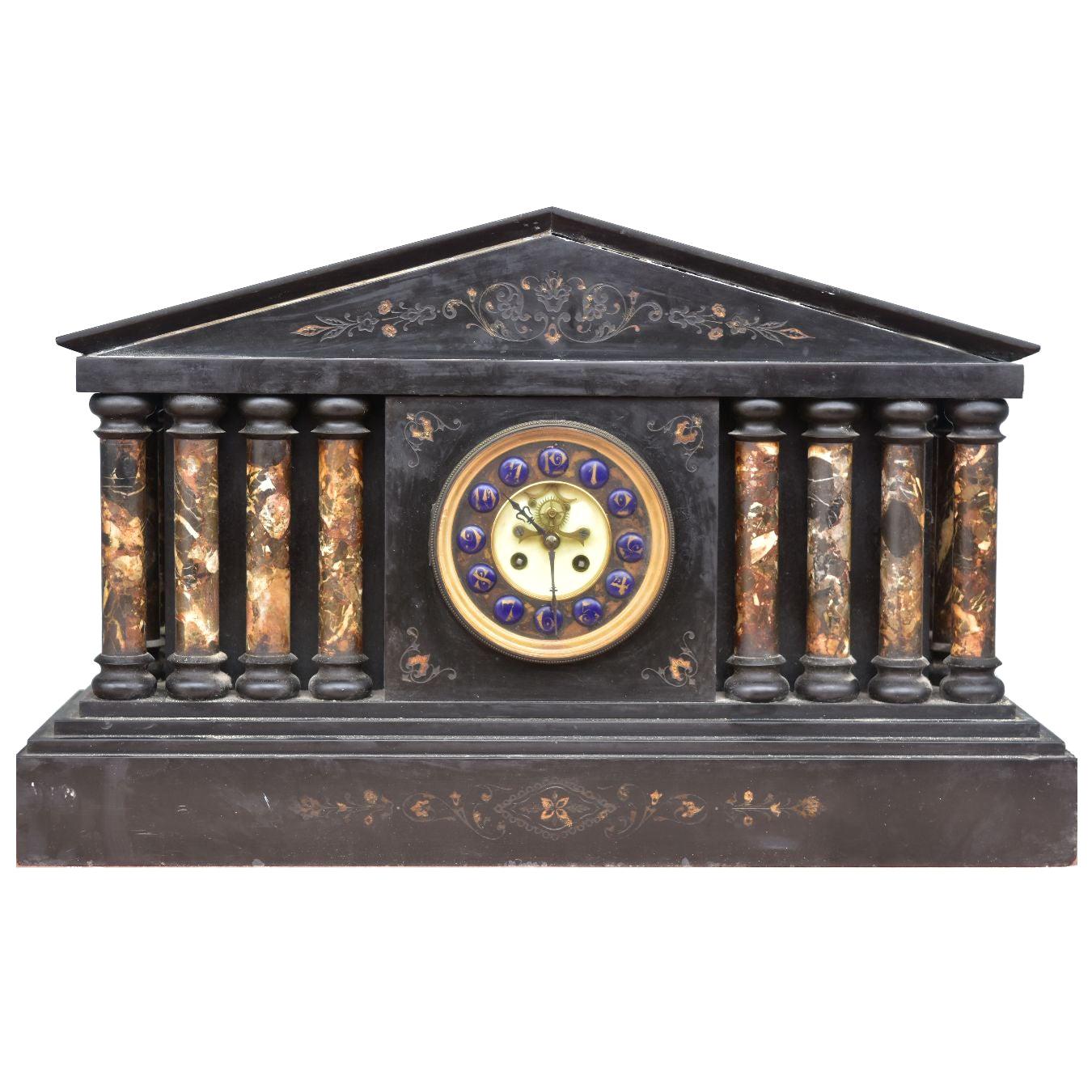 19th Century Architectural Clock in Black Onyx Marble For Sale