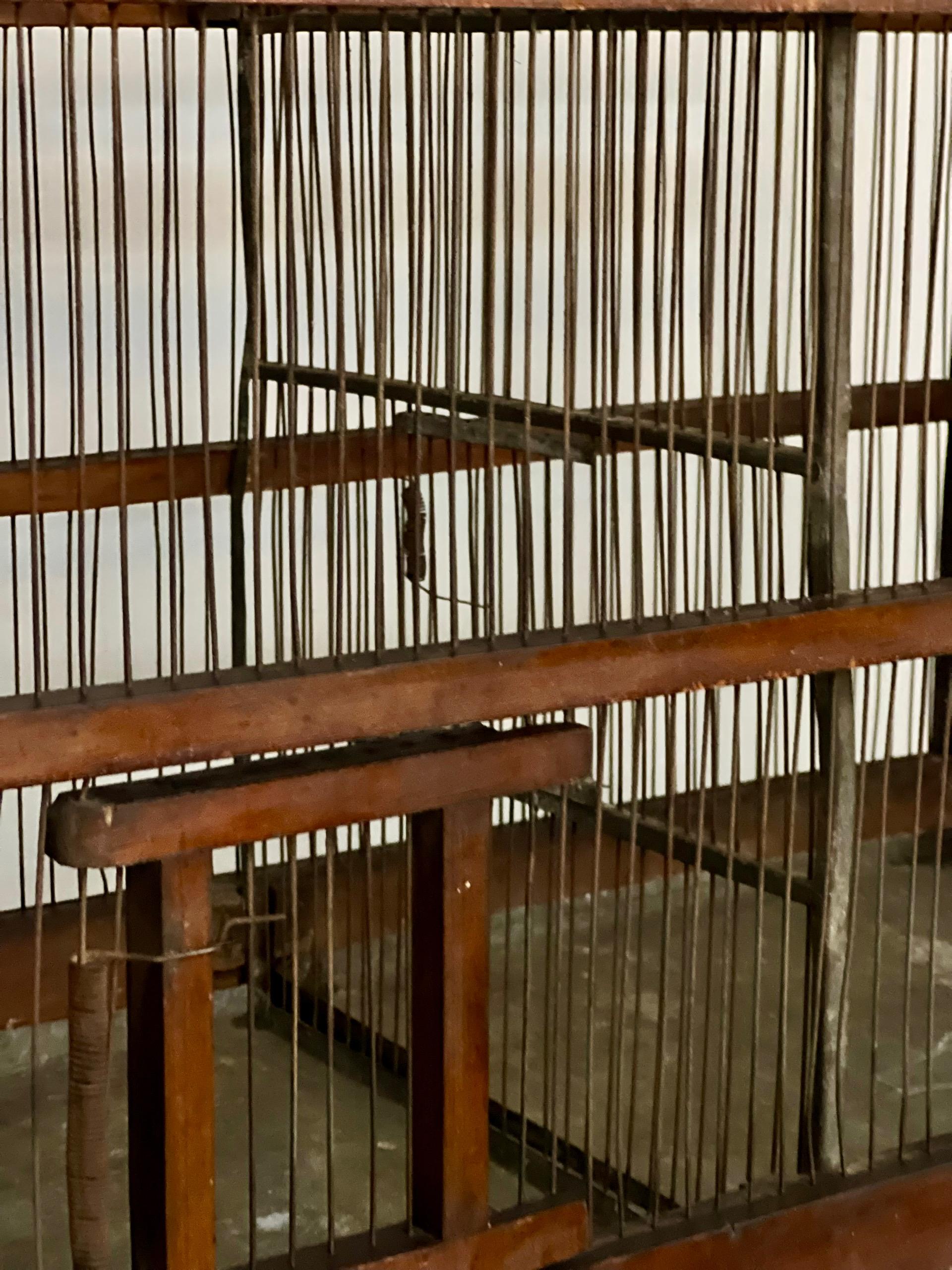 Cage à oiseaux en bois et fil de fer à deux compartiments, d'architecture du 19e siècle en vente 5