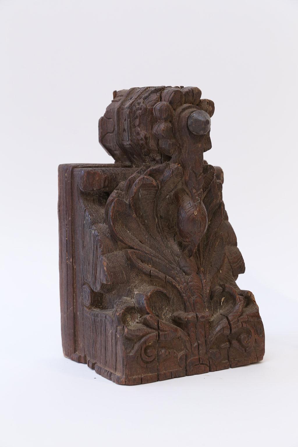 Hand-Carved Dark Brown Carved Wood Architectural Fragment