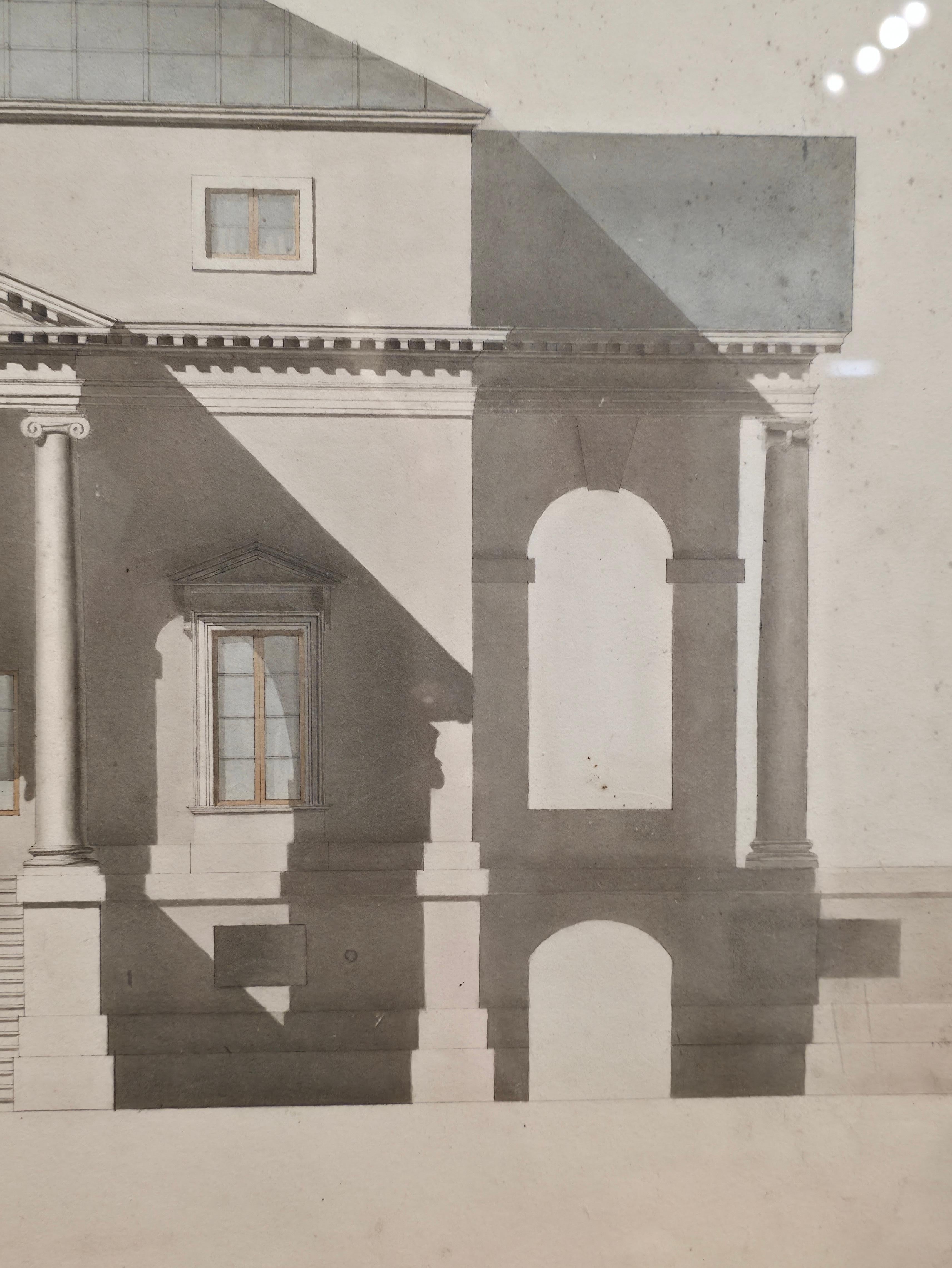 Classico americano Inchiostro e acquerello architettonico del XIX secolo in vendita