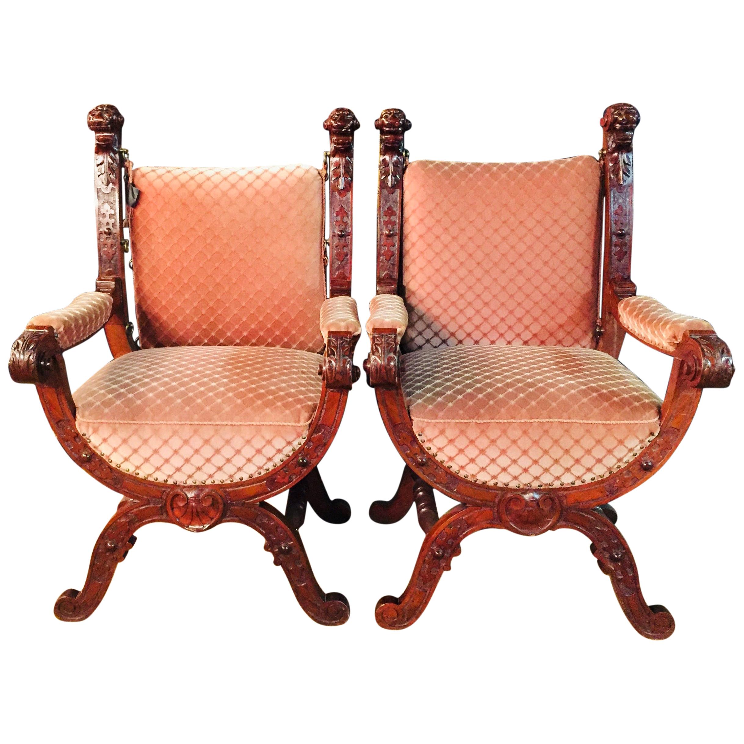 19th Century 2 Armchairs Antique Baroque Style Scissor Chair Lion Heads