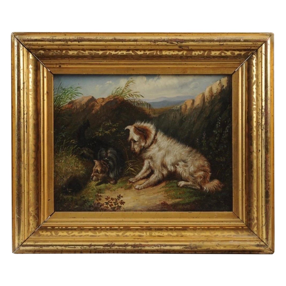 Huile sur toile de style Armfield du 19e siècle Peinture de chien Deux Terriers