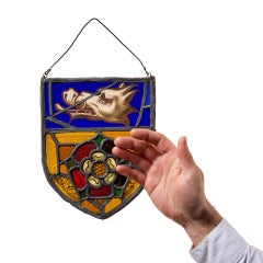 19th Century Armorial Stained Glass Shield Of A Boar