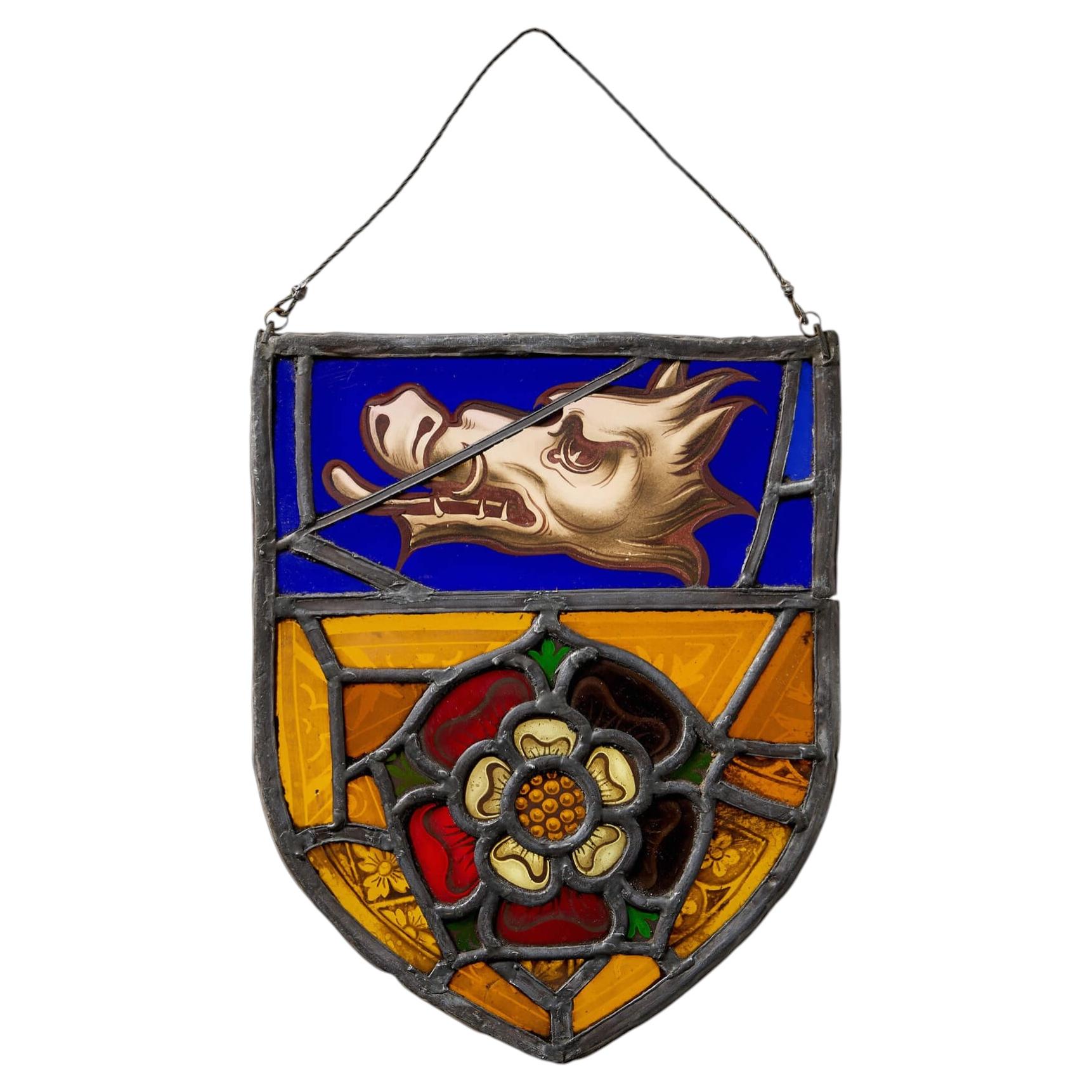 19th Century Armorial Stained Glass Shield Of A Boar