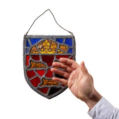 19th Century Armorial Stained Glass Shield With Three Lions