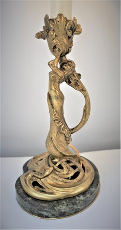19th Century, Art Nouveau Bronze Candlestick Lamp