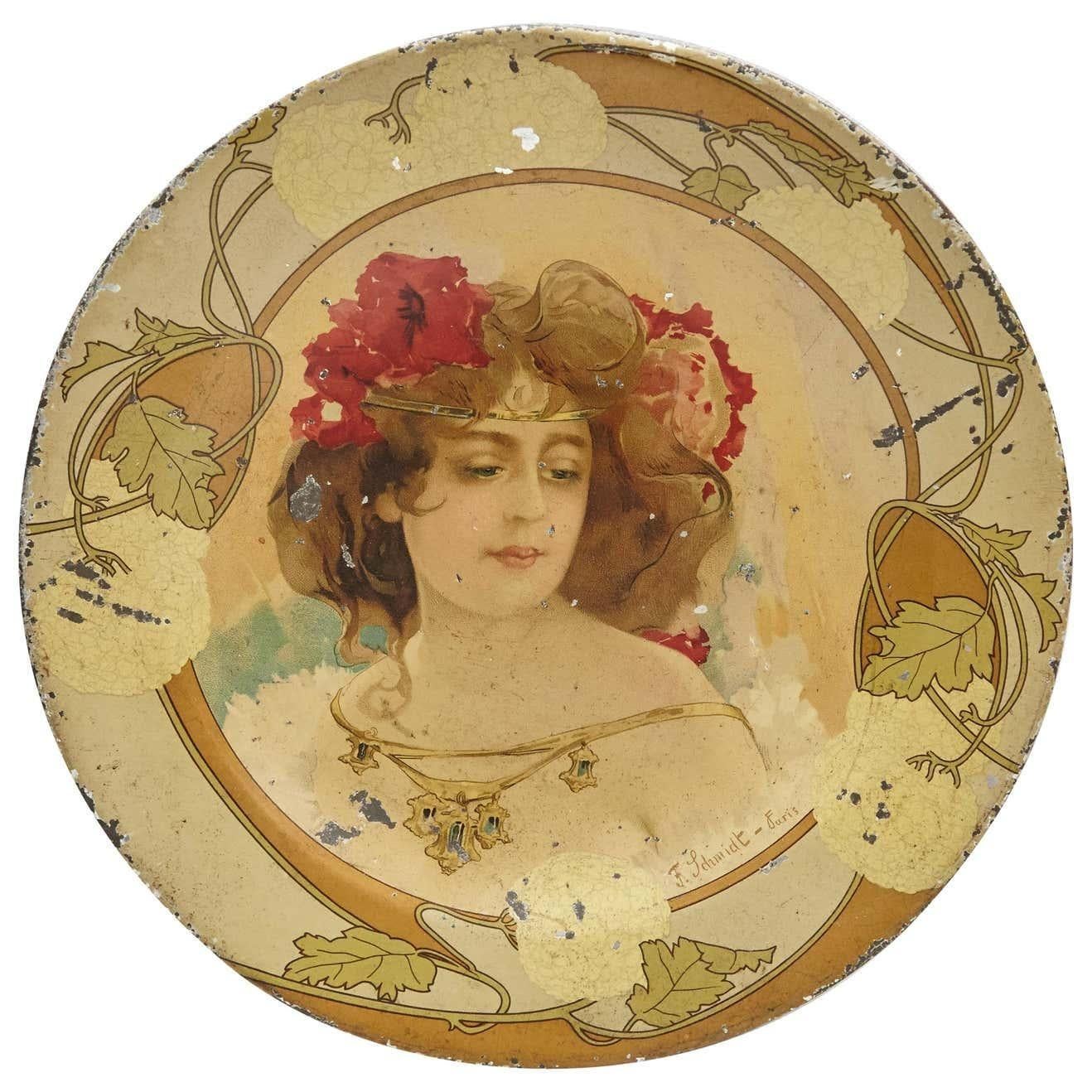 Placa de metal Art Nouveau del siglo XIX