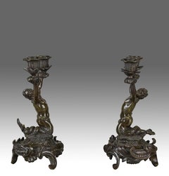 19th Century Art Nouveau Pair of French Bronze Mermen Candlesticks