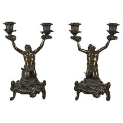 19th Century Art Nouveau Pair of French Bronze Mermen Candlesticks