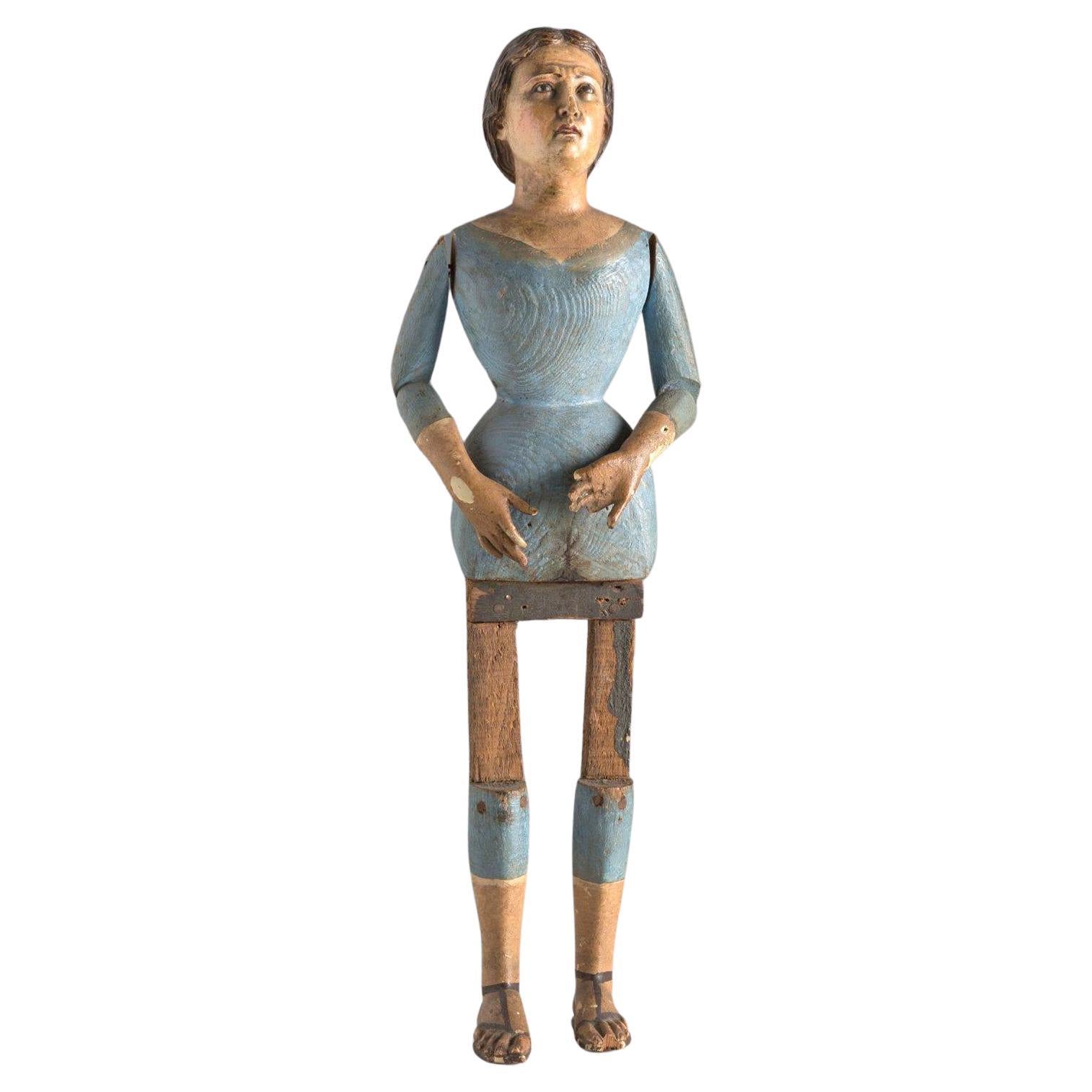 Figurine en bois articulée de la Vierge Marie du 19e siècle