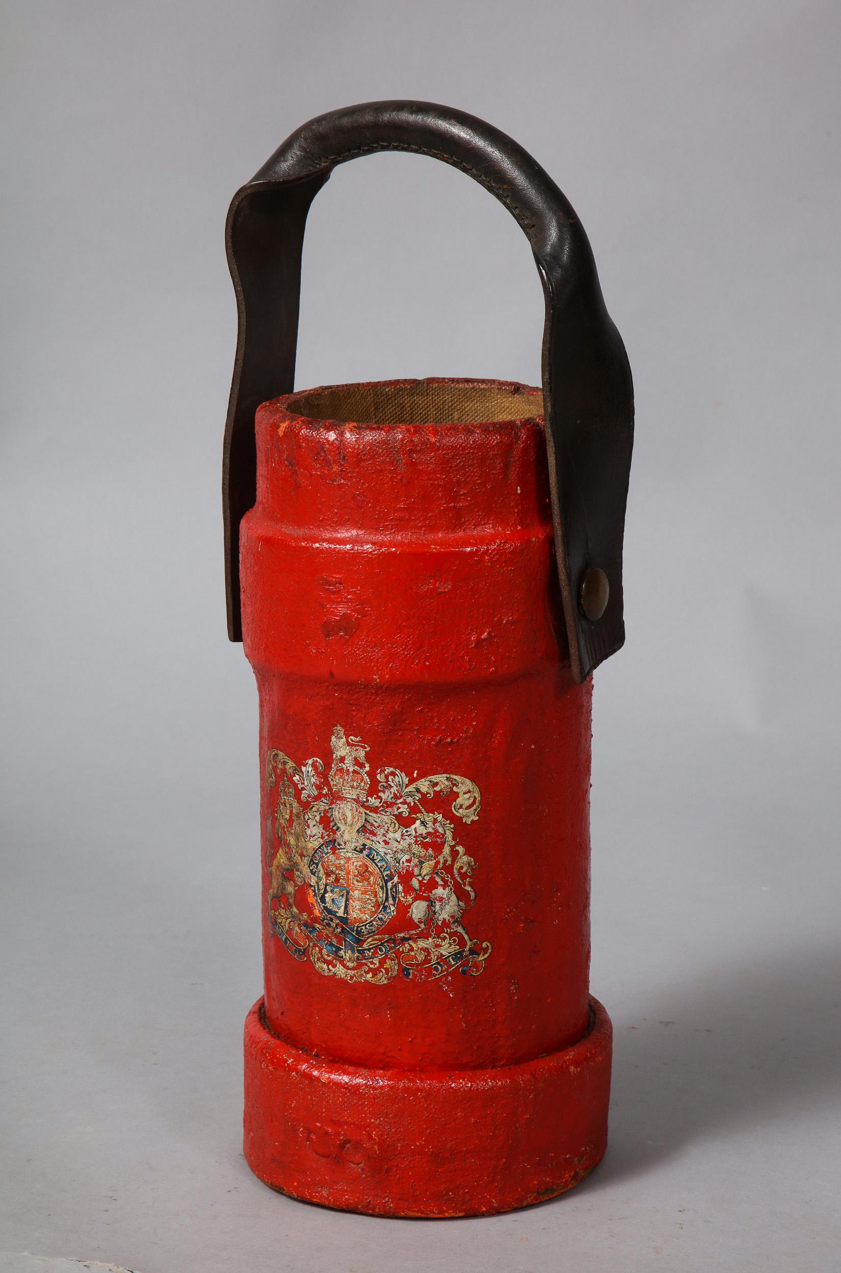 English 19th century artillery shell or cordite carrier with original leather handle, Royal coat of arms and in great original red paint, useful as small umbrella holder, or electrified as lamp.