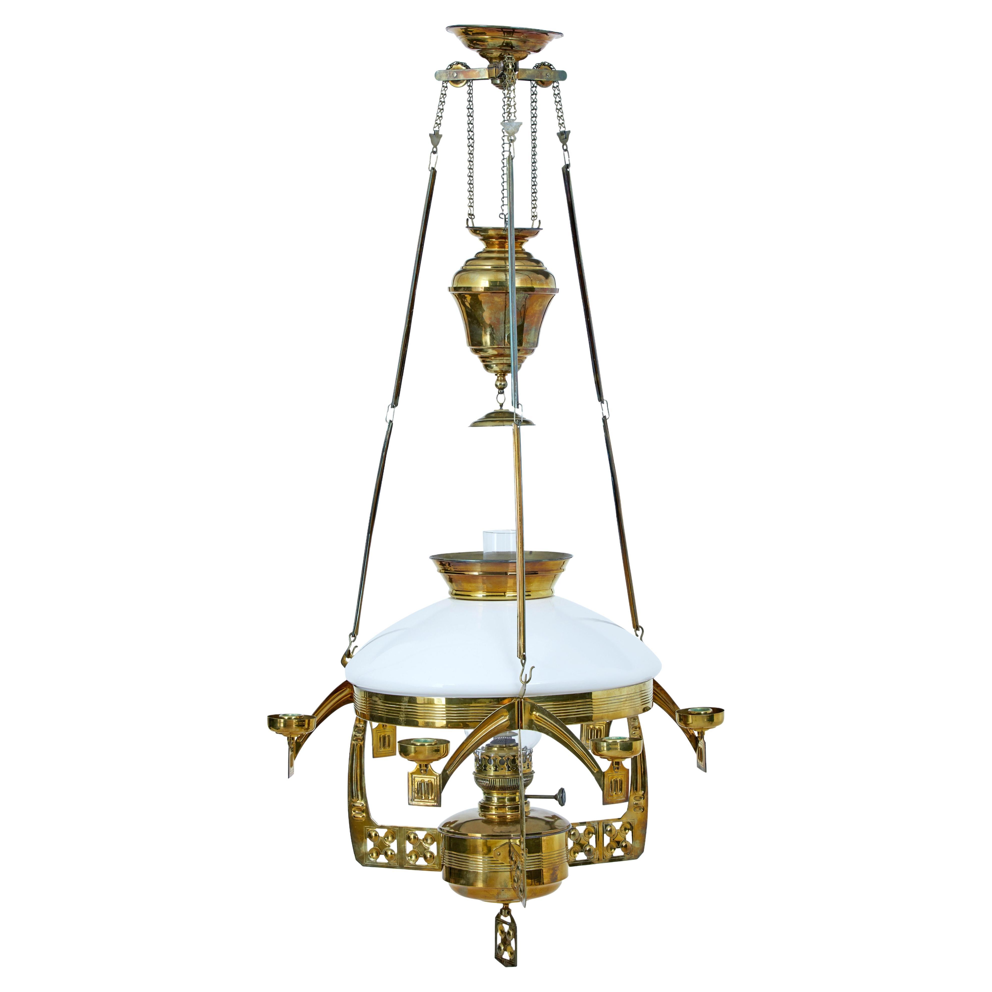 19th century arts and crafts brass hanging oil chandelier