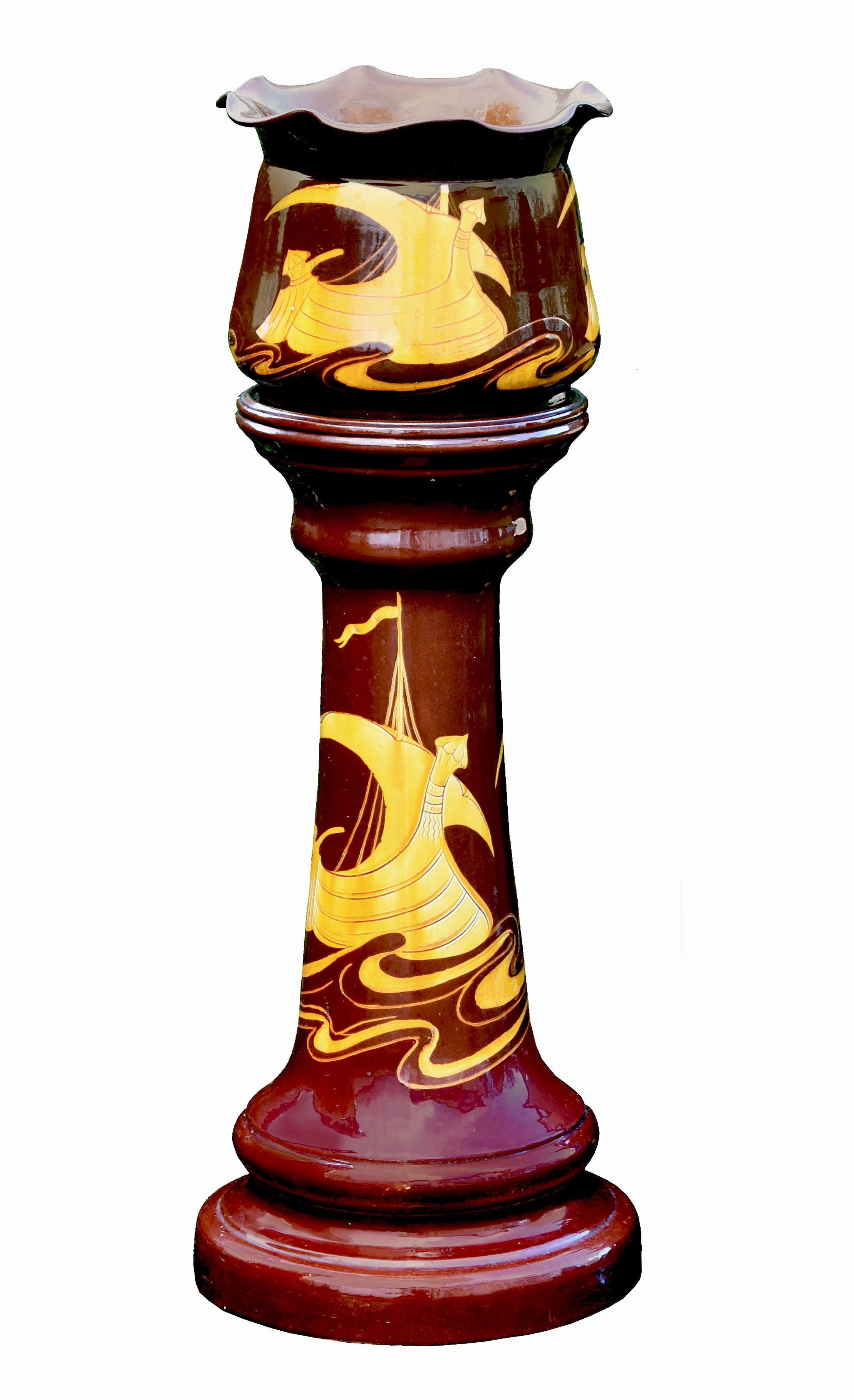 Arts and Crafts 19th Century Arts & Craft Majolica Bretby Chocolate Brown Jardiniere & Pedestal For Sale