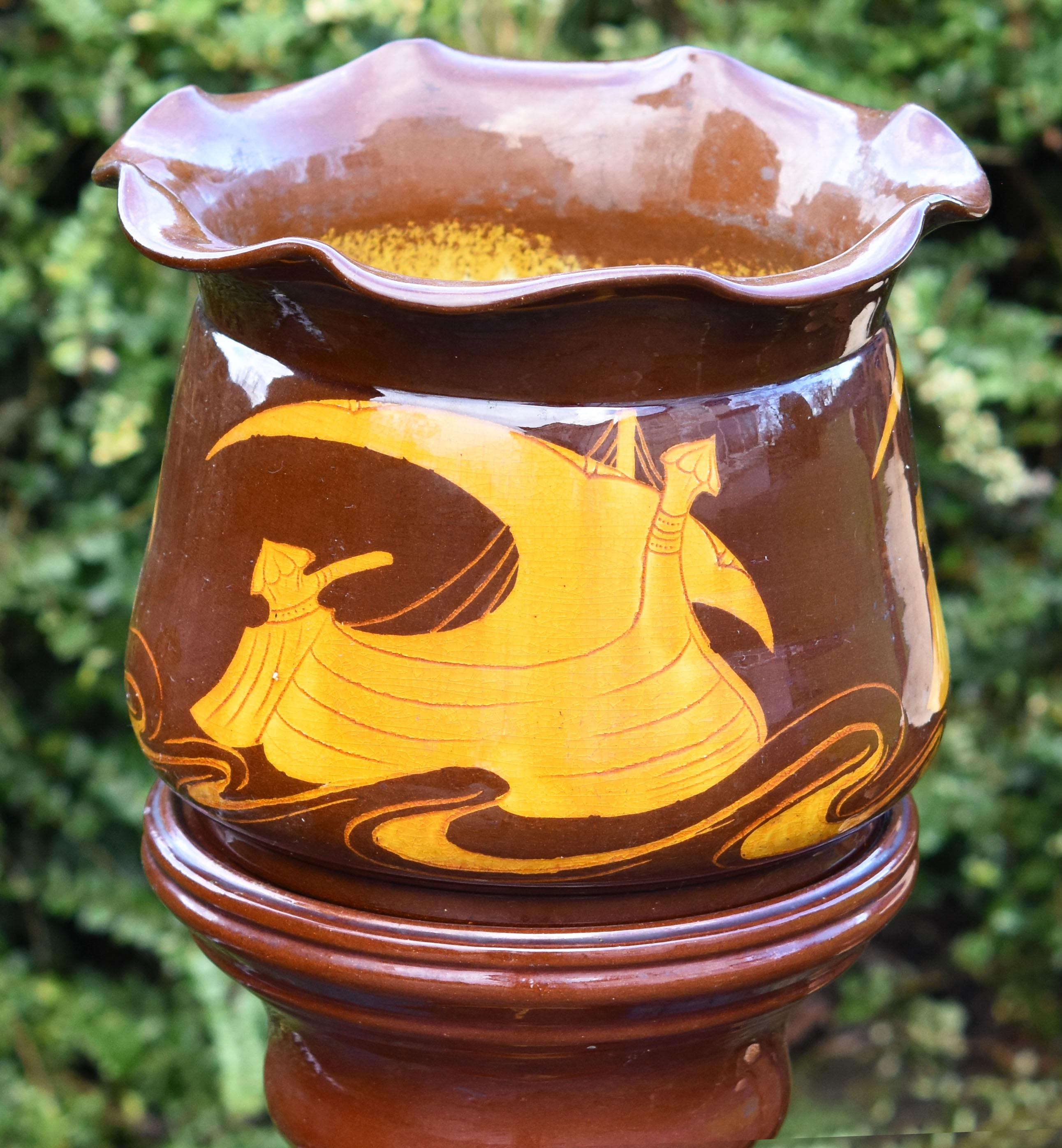 Molded 19th Century Arts & Craft Majolica Bretby Chocolate Brown Jardiniere & Pedestal For Sale