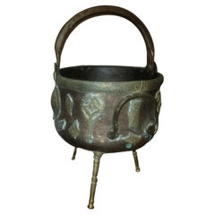 19th Century Arts & Crafts Brass Mounted Hammered Copper Footed Fireplace Pail