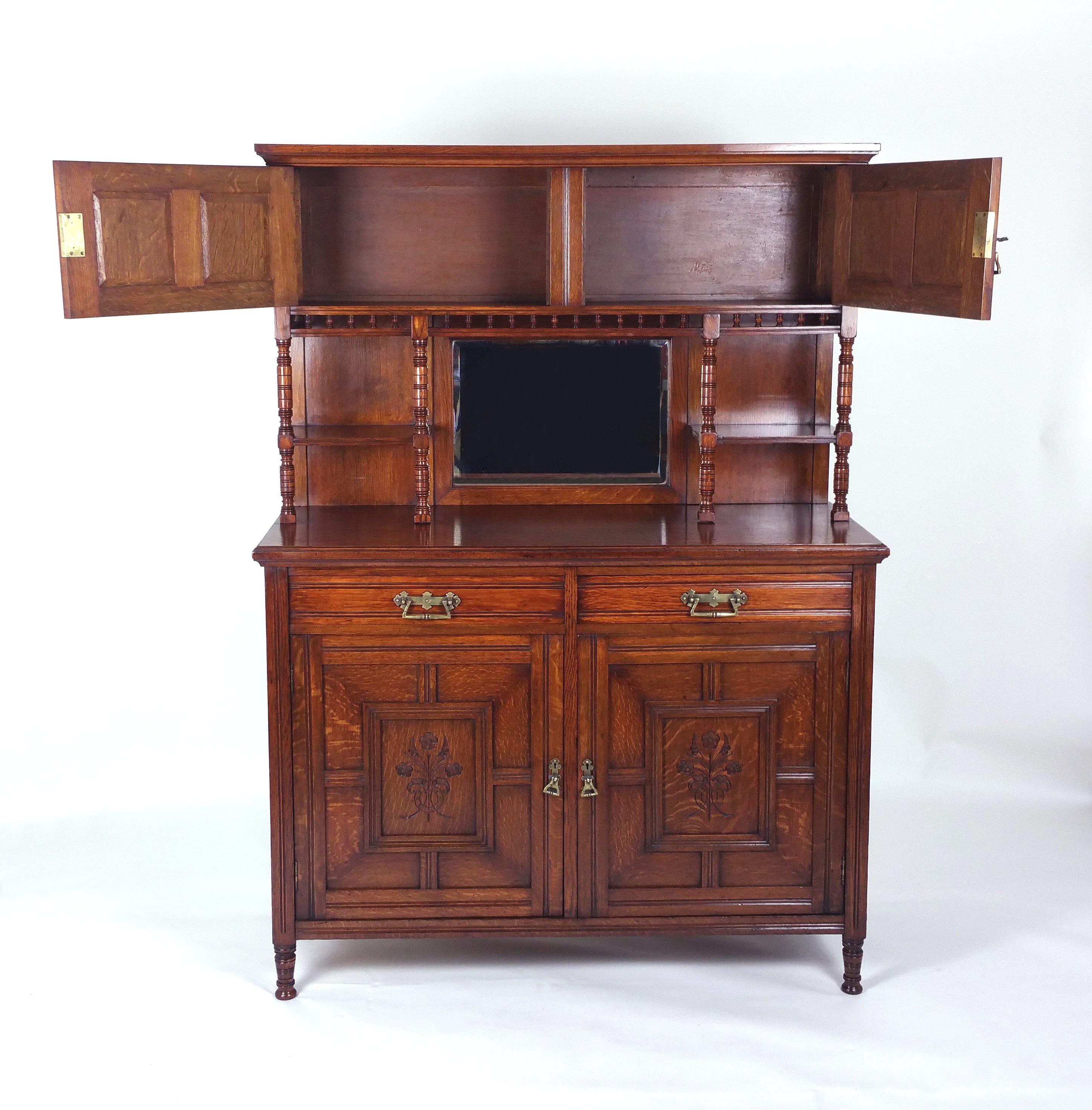 19th Century Arts & Crafts English Oak Sideboard with Sunflower Detail 3