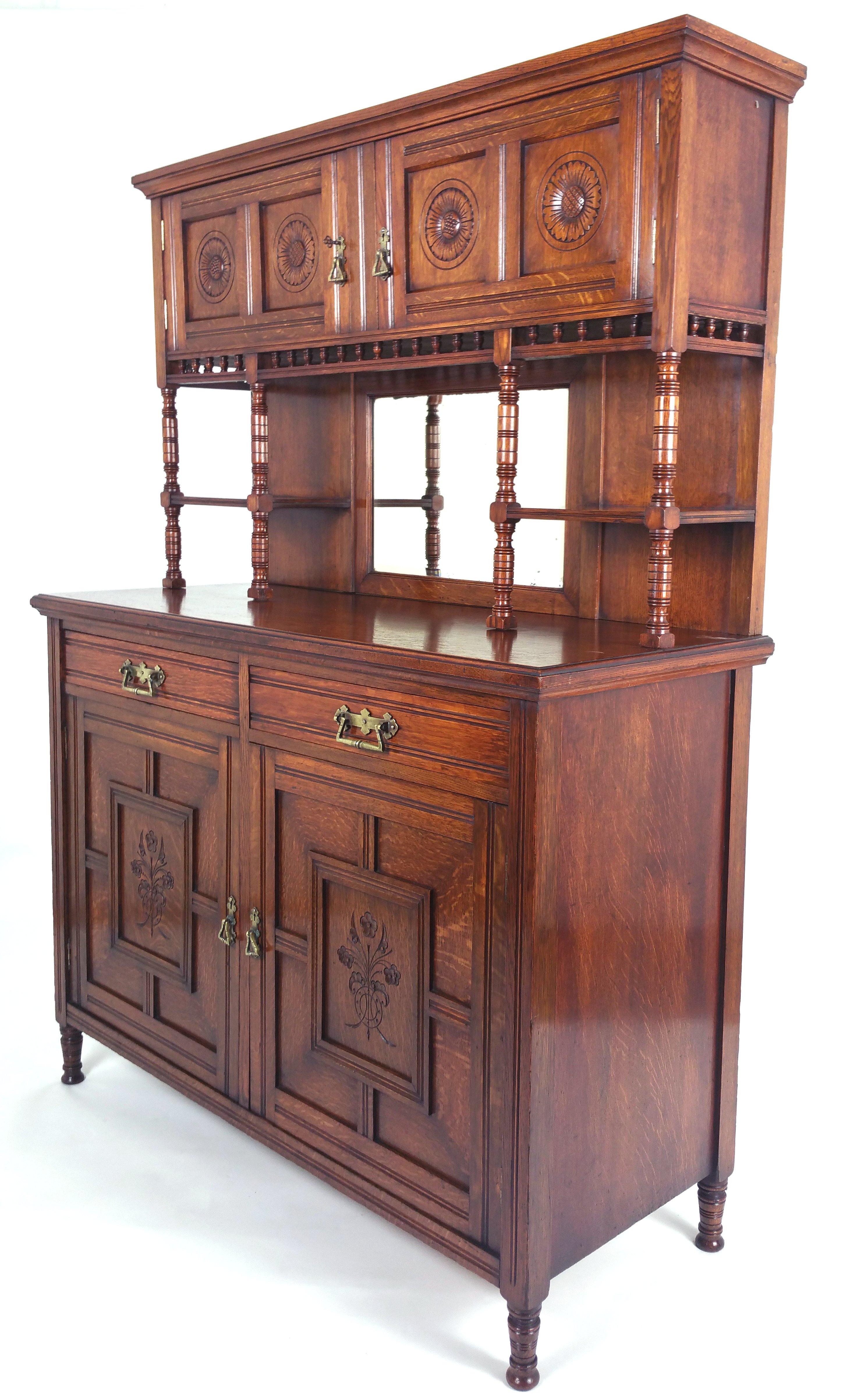 19th Century Arts & Crafts English Oak Sideboard with Sunflower Detail 5