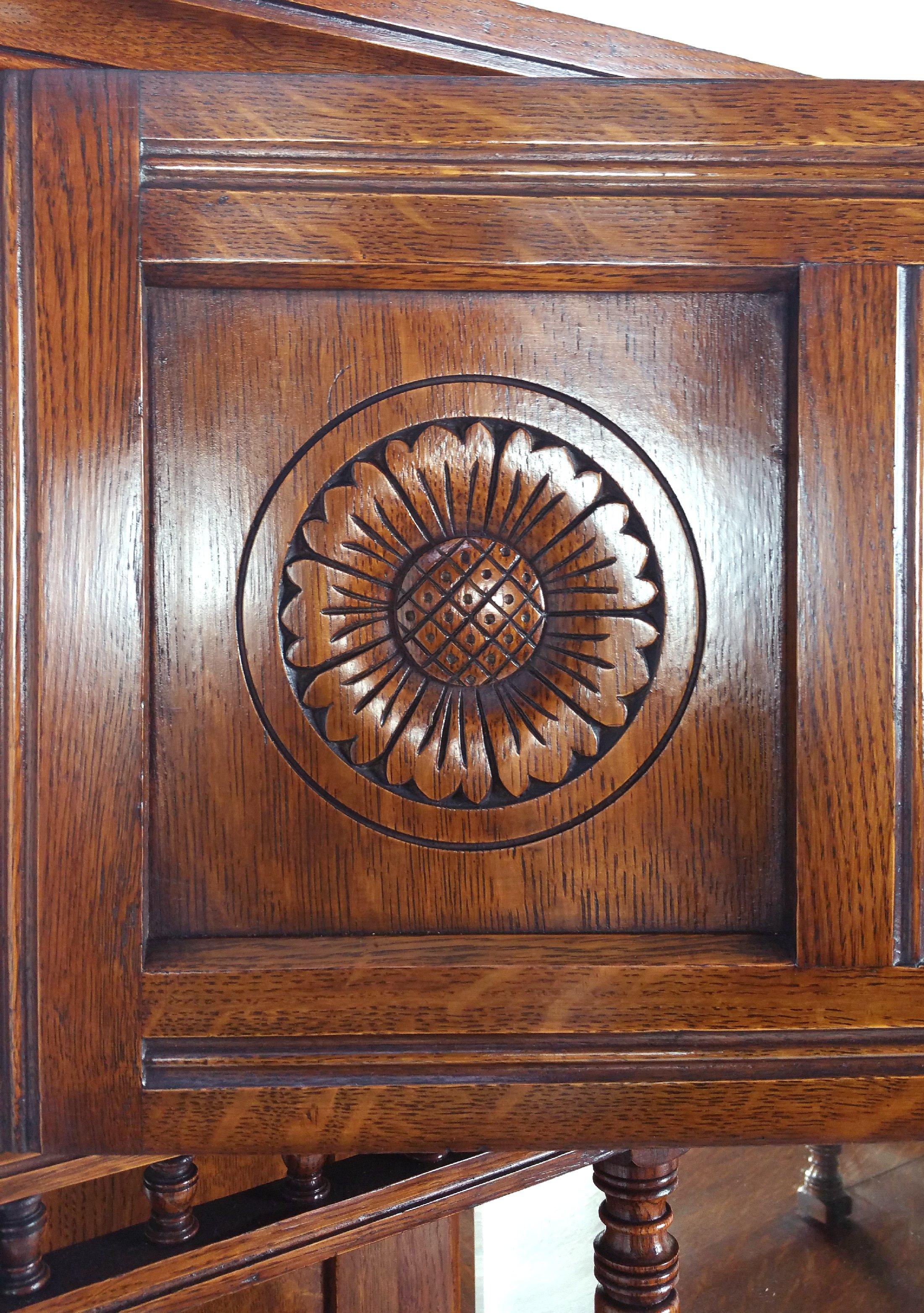 Brass 19th Century Arts & Crafts English Oak Sideboard with Sunflower Detail
