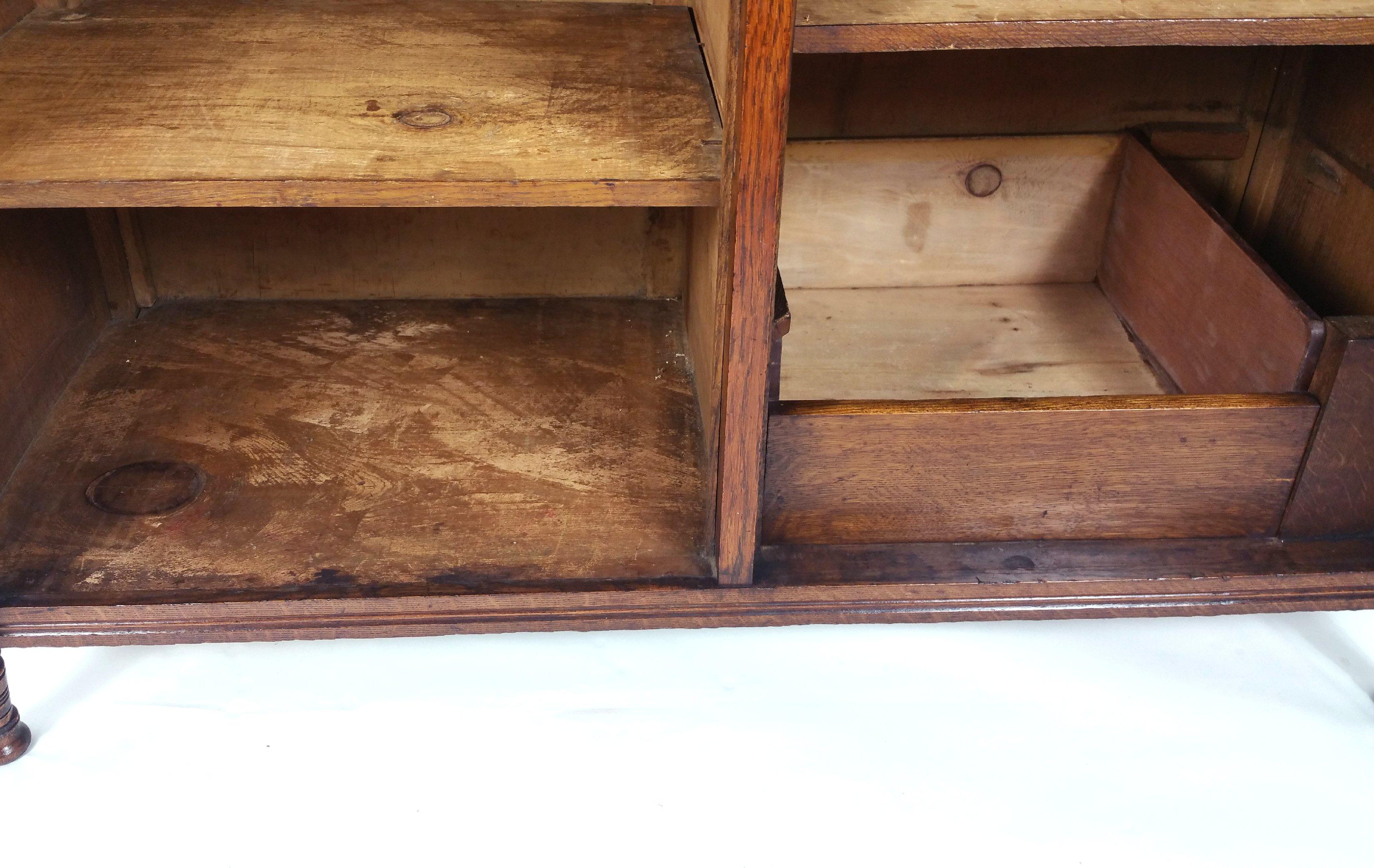 19th Century Arts & Crafts English Oak Sideboard with Sunflower Detail 1