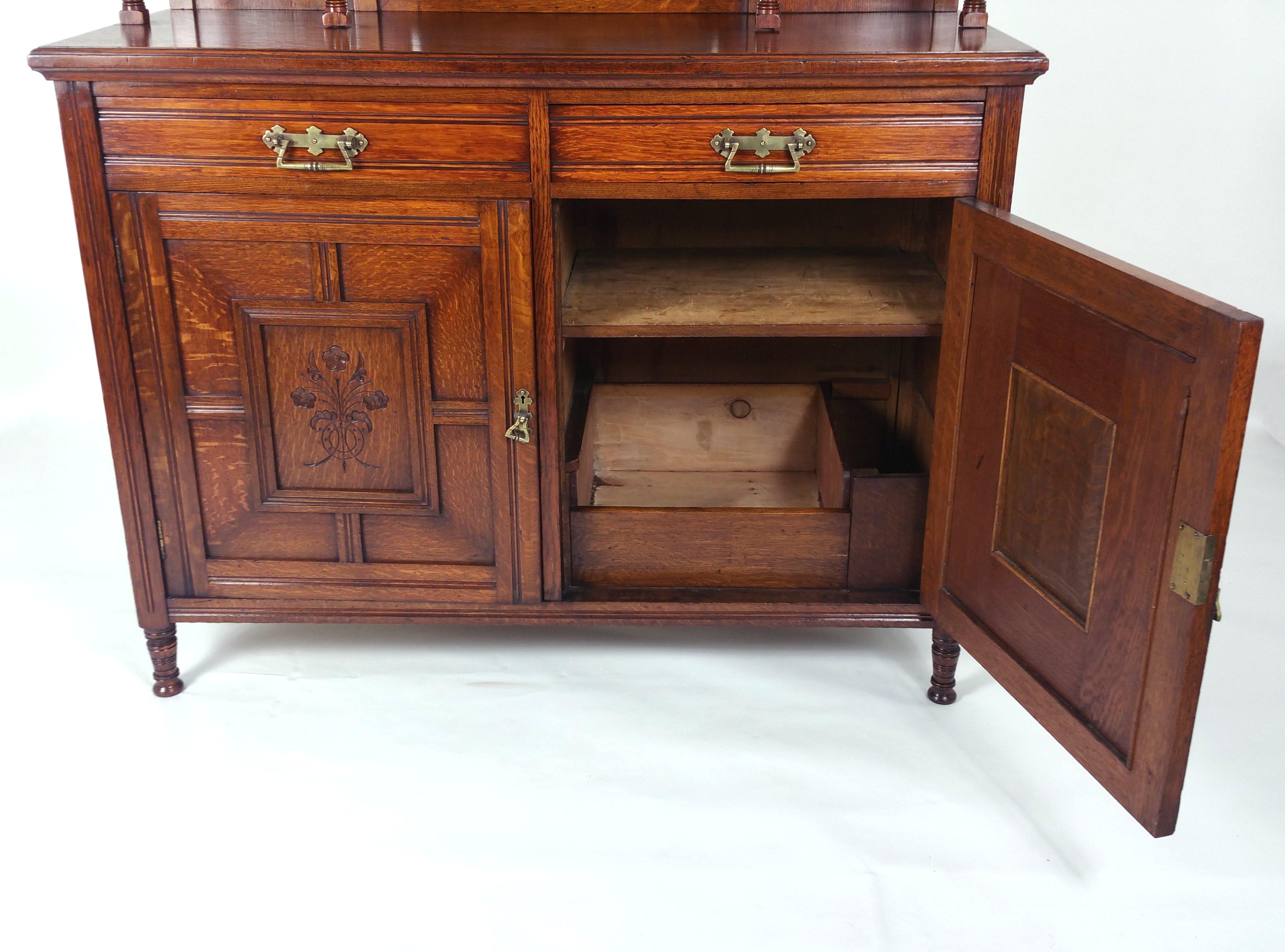 19th Century Arts & Crafts English Oak Sideboard with Sunflower Detail 2