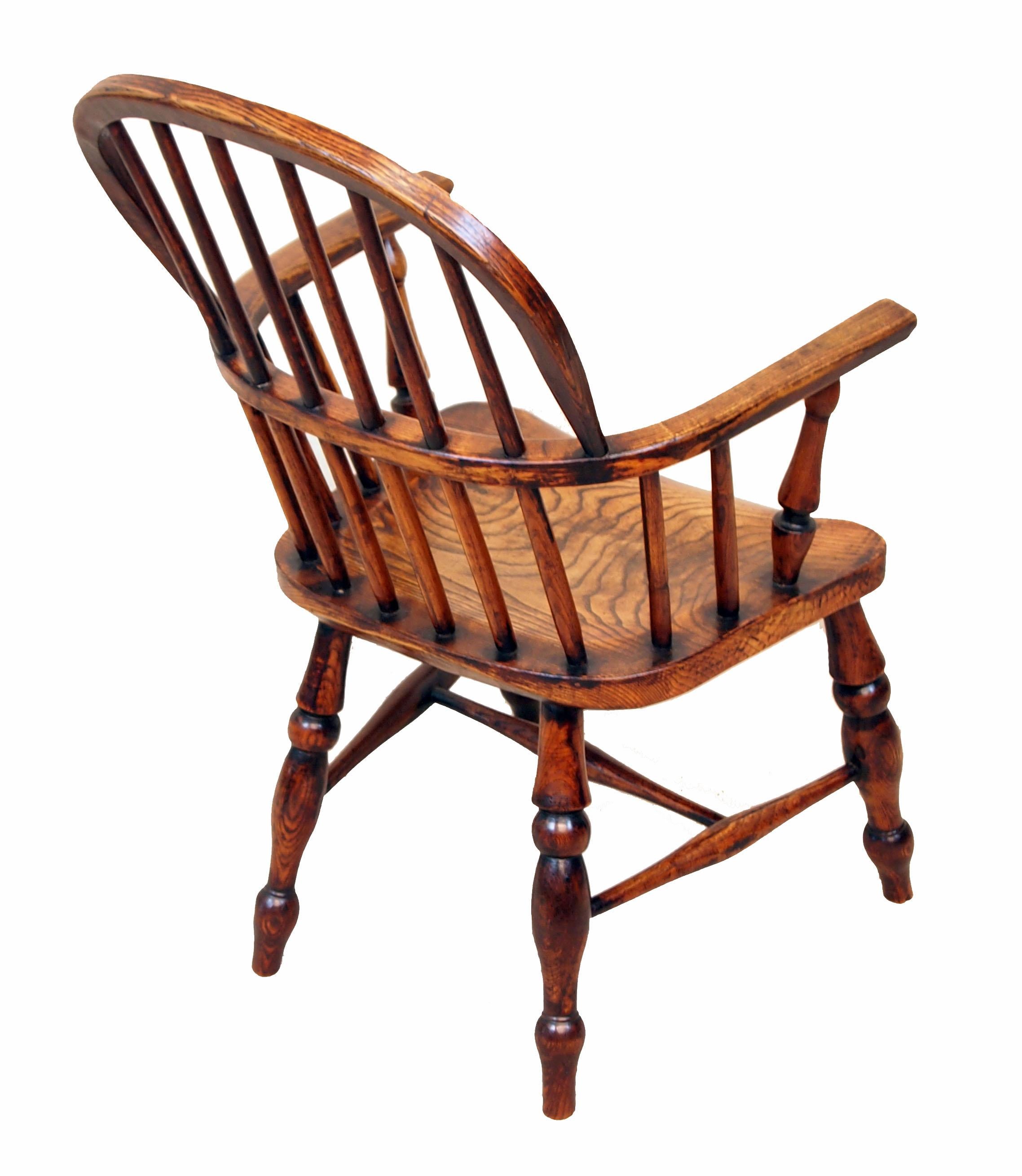 A very attractive mid-19th century childs size
Windsor armchair having elegant stick back over
Curved arms and well figured seat raised on
Elegant turned legs with H-stretcher

(Children's, or Childs Chairs as the name suggests were
made