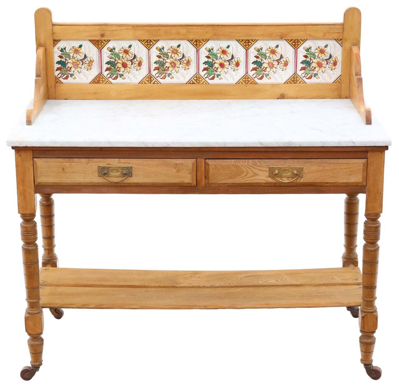 High-Quality 19th Century Victorian Ash, Pine, Tile and Marble Washstand - Antique Writing Side Dressing Table Desk. This piece boasts a lovely age, color, and patina, making it a rare decorative find.
Solid and sturdy, with no loose joints or
