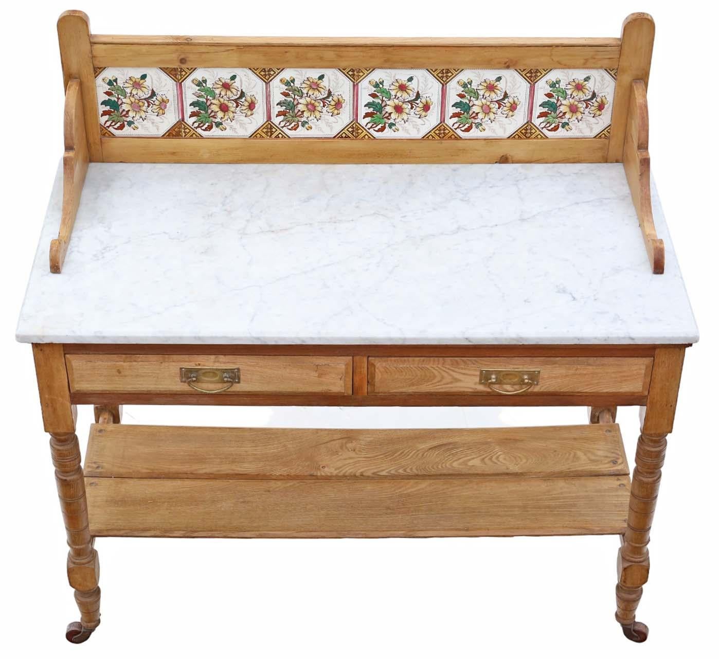 Wood 19th Century Ash, Pine, and Marble Washstand Antique Table Writing Dressing Side
