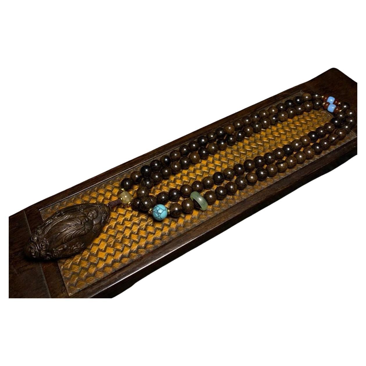 19th Century Asian Agarwood Hand Carving Buddha Pendant 108 Beads Necklace For Sale